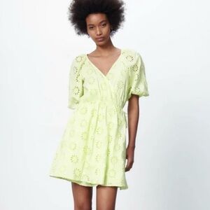 ZARA Lime Green Embroidered Eyelet Blouse Top XL NWT